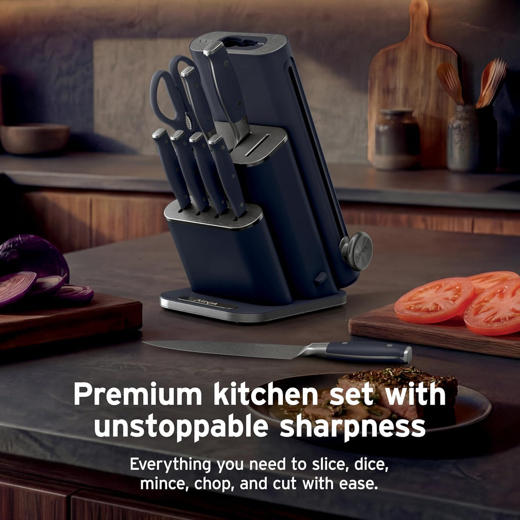 Ninja® NeverDull® 10-Pc German Steel Knife Set, Cyberspace, NK32010BL1 | Stays razor-sharp 10+ years. Premium German steel. Removable sharpener stores in a drawer saving up to 35% more counter space