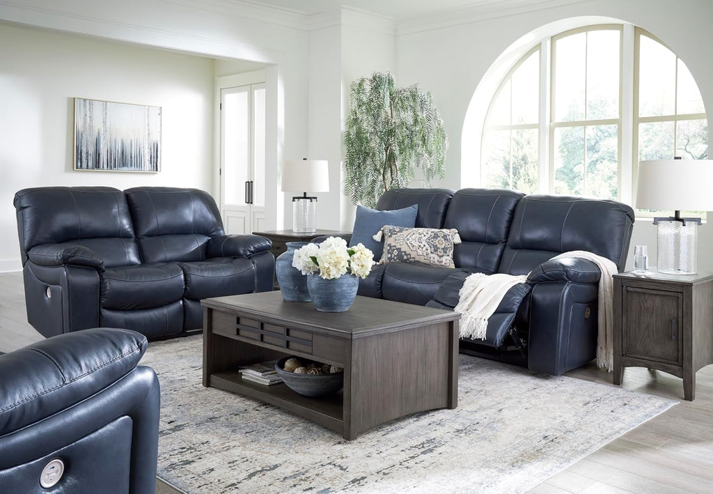 Signature Design by Ashley Leesworth Power Reclining Loveseat, Ocean Blue | Space-saving zero wall design, Top grain leather touchpoints, Built-in zero-draw USB ports, 32 in minimum doorway width