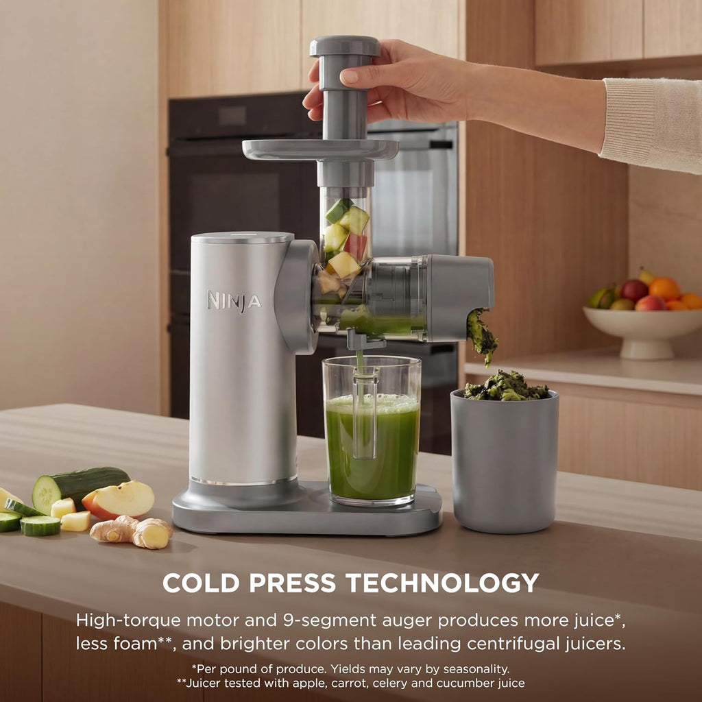 Ninja NeverClog Cold Press Juicer, 24oz Jug, 36oz Pulp, Silver, JC151SL | 150W high-torque auger juices fibrous fruits & veggies. Total Pulp Control, 2 one-touch programs. Dishwasher safe.