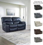 Signature Design by Ashley Leesworth Power Reclining Loveseat, Ocean Blue | Space-saving zero wall design, Top grain leather touchpoints, Built-in zero-draw USB ports, 32 in minimum doorway width