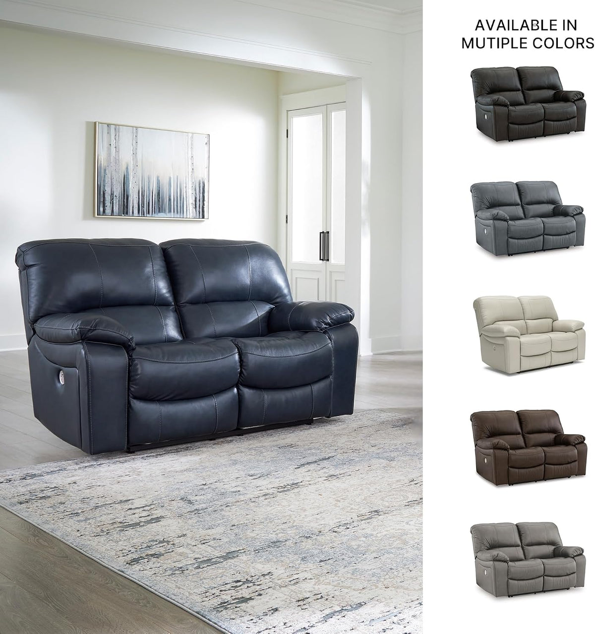 Signature Design by Ashley Leesworth Power Reclining Loveseat, Ocean Blue | Space-saving zero wall design, Top grain leather touchpoints, Built-in zero-draw USB ports, 32 in minimum doorway width