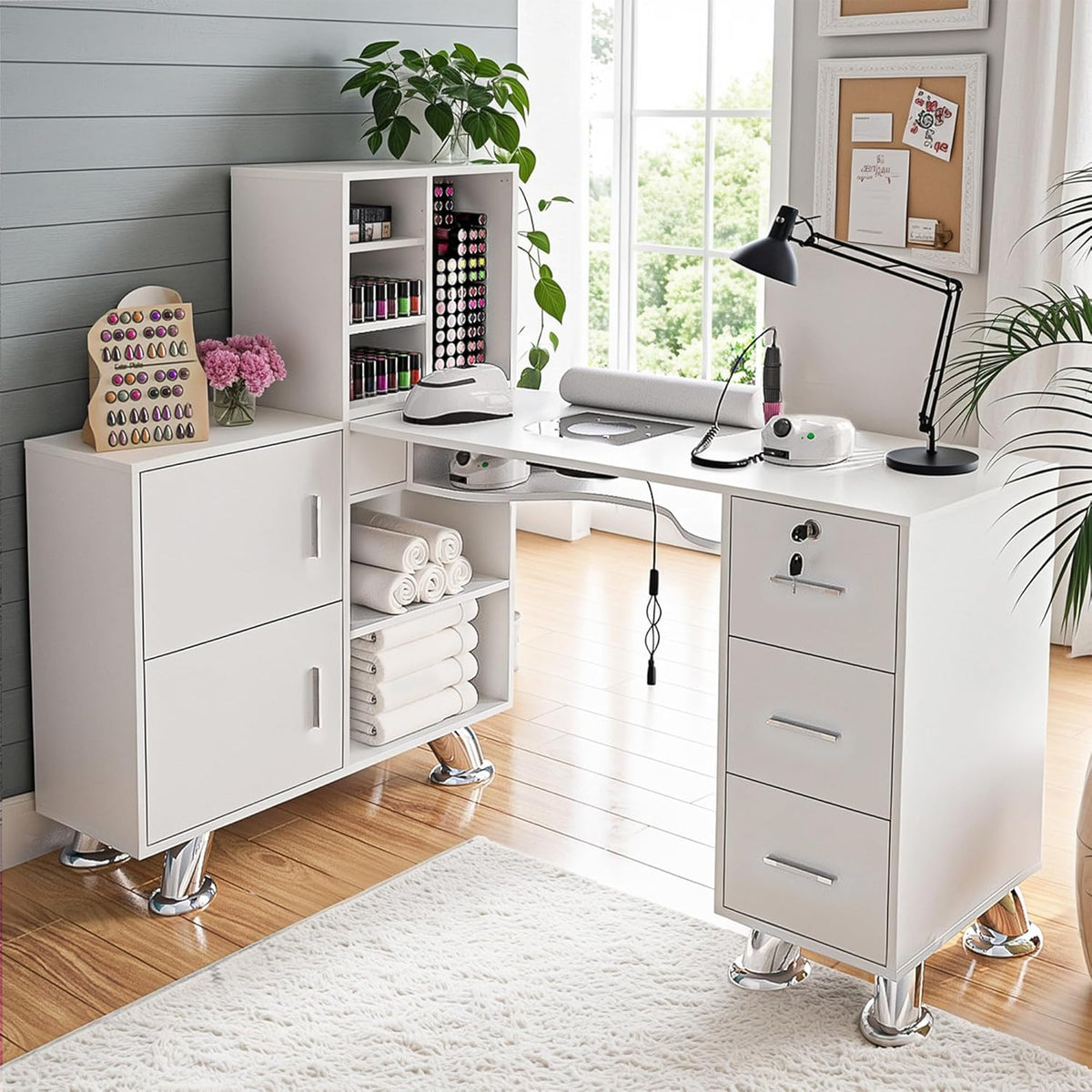 Nail Desk,Professional Nail Table w/Dust Collector,Large Capacity L-Shaped Nail Tech Table with Shelves,Storage Cabinets,Drawers,Metal Handles&Legs, Salon Wrist Rest