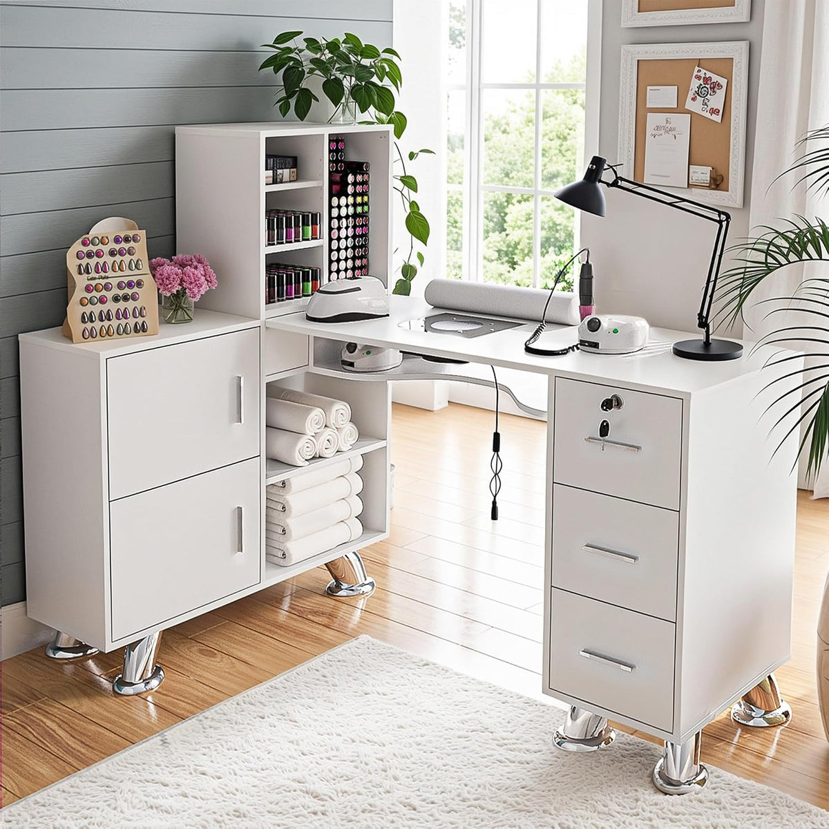 Nail Desk,Professional Nail Table w/Dust Collector,Large Capacity L-Shaped Nail Tech Table with Shelves,Storage Cabinets,Drawers,Metal Handles&Legs, Salon Wrist Rest