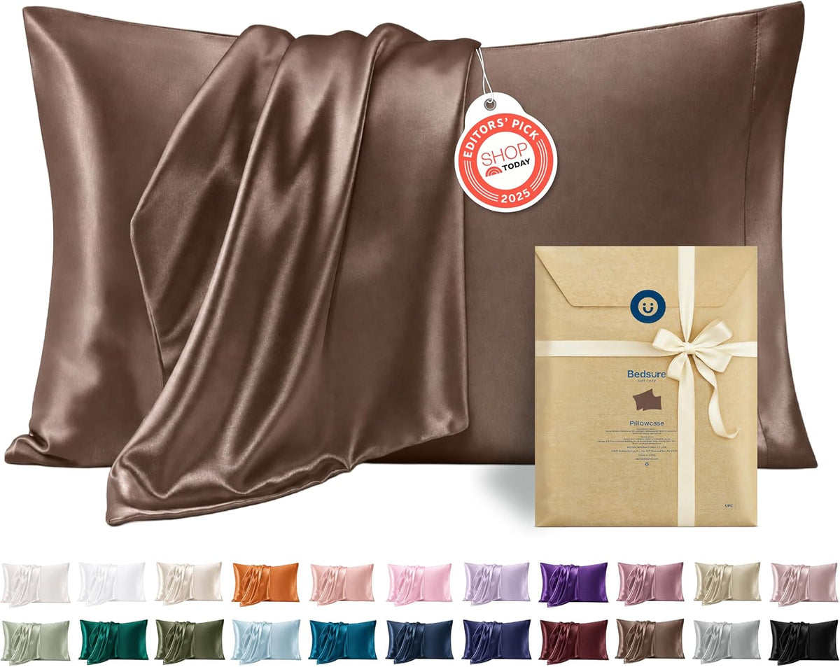 Bedsure Satin Pillowcase Standard Set of 2, Silky Pillow Cases, Beige