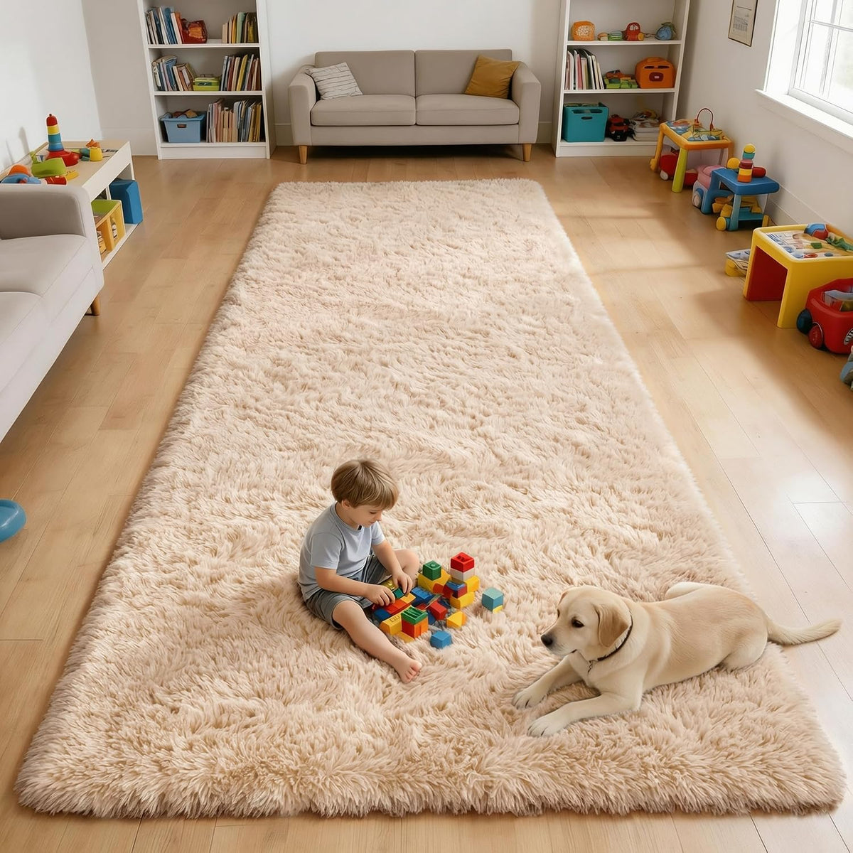 OLANLY Beige Round Rugs for Bedroom - Machine Washable, 4 ft Circle Area Rugs for Living Room, Soft and Fluffy Shaggy Carpet for Teen Girls and Boys, Nursery Rooms, Dorms, Home Decor Aesthetic