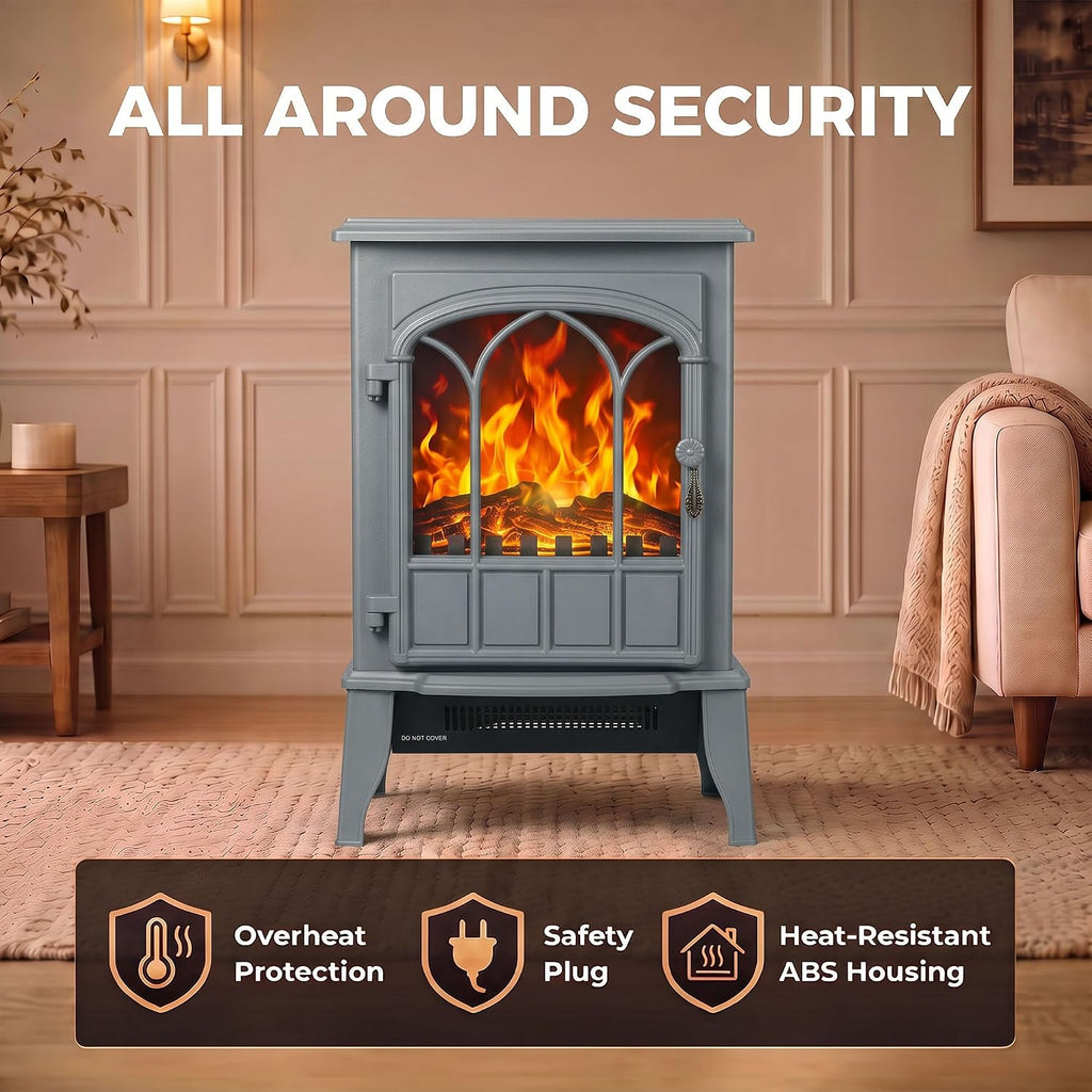 HOMCOM Electric Fireplace Stove, Freestanding Log Burner 1000W/2000W, Grey