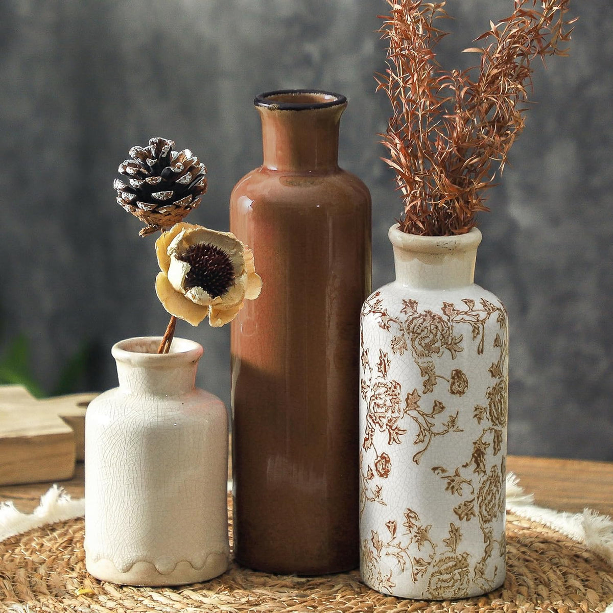 Ceramic Vases Set of 3, Whitewashed Neutral Flower Vases Home Decor, Pottery Rustic Farmhouse Decorative Vases Modern Decor for Table Mantel Entryway Bookshelf Living Room Kitchen Bedroom
