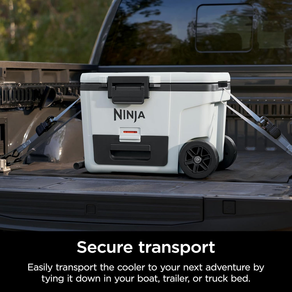 Ninja FrostVault™ 45qt Cooler with Wheels, Dry Storage Drawer, White | Ninja FrostVault's 45-qt capacity holds 68 cans, keeps food cool & dry, and rolls easily on all-terrain wheels