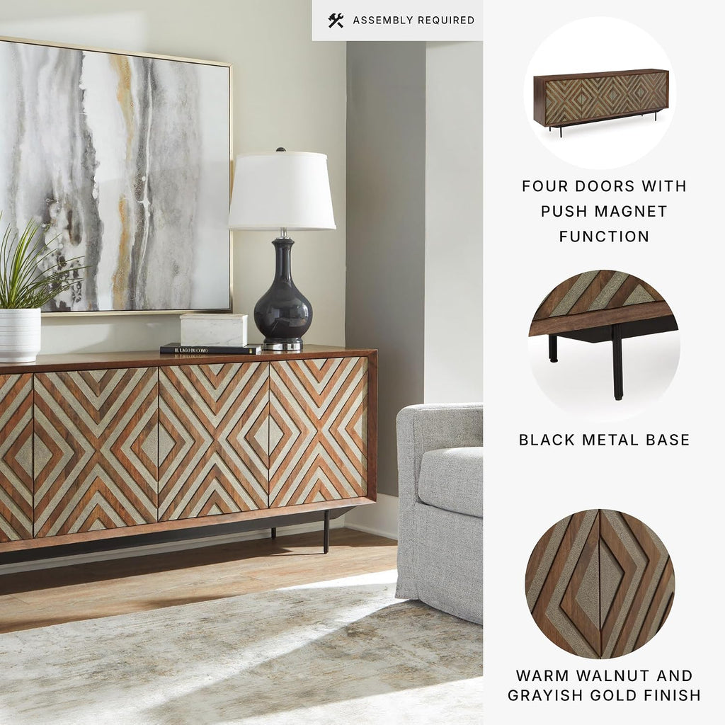 Signature Design by Ashley Dreggan Casual Diamond Patterned 4-Door Accent Cabinet with 2 Shelves and Cord Management, Dark Brown & Gray