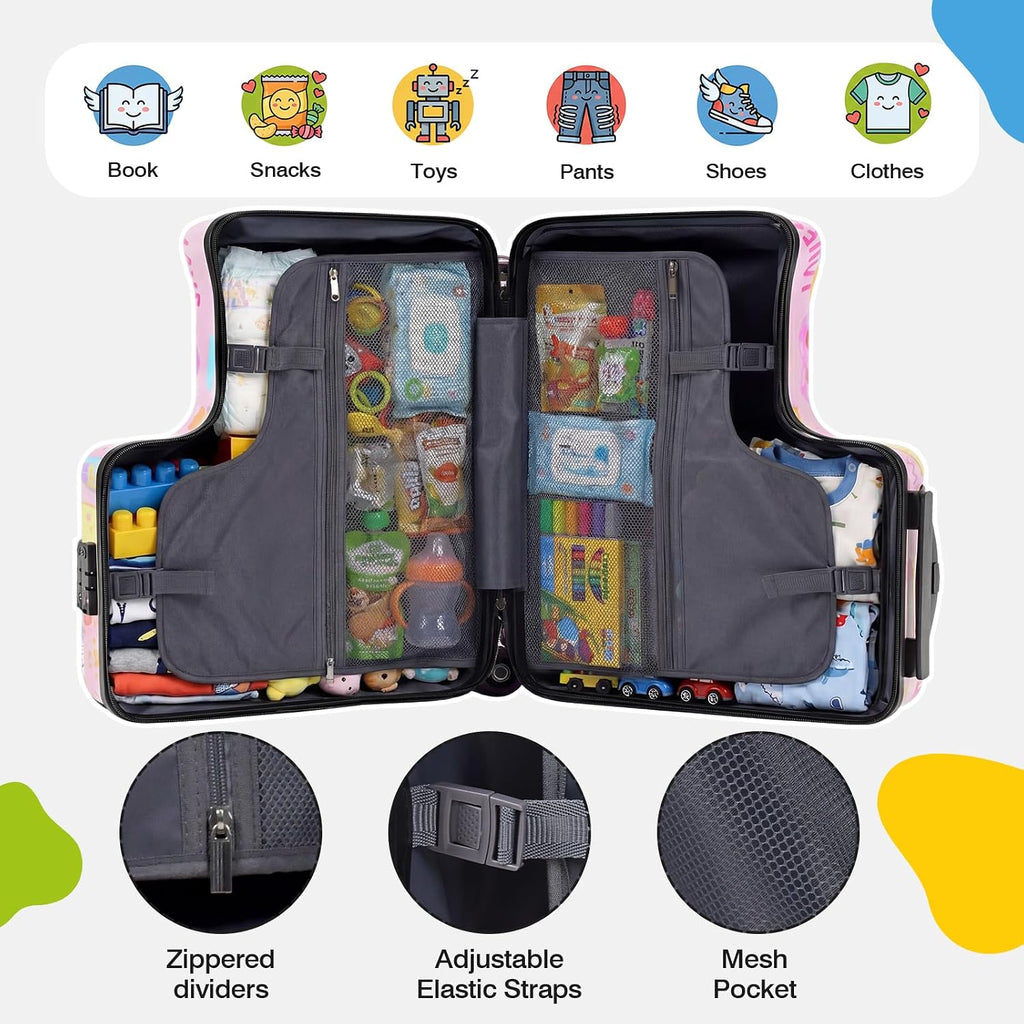 20" Ride On Luggage for Kids,Cute Pattern,Lightweight Hardshell Carry-On Luggage with Double Spinner Wheels,TSA Lock,Circular Handrail,Safety Belt,Foot Pedal,for Boys&Girls,Load Cap. 120 lbs (Pink)