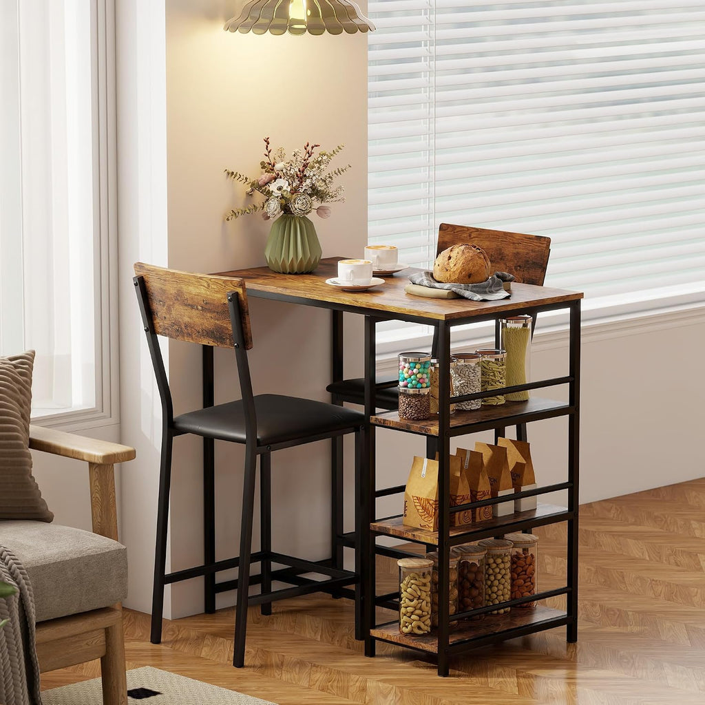 HOMCOM 3 Piece Breakfast Bar Table Set with Stools for 2 Rustic Brown