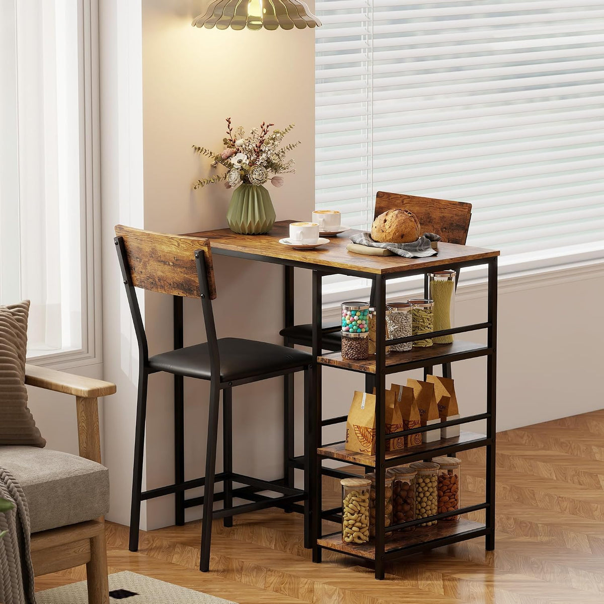 HOMCOM 3 Piece Breakfast Bar Table Set with Stools for 2 Rustic Brown