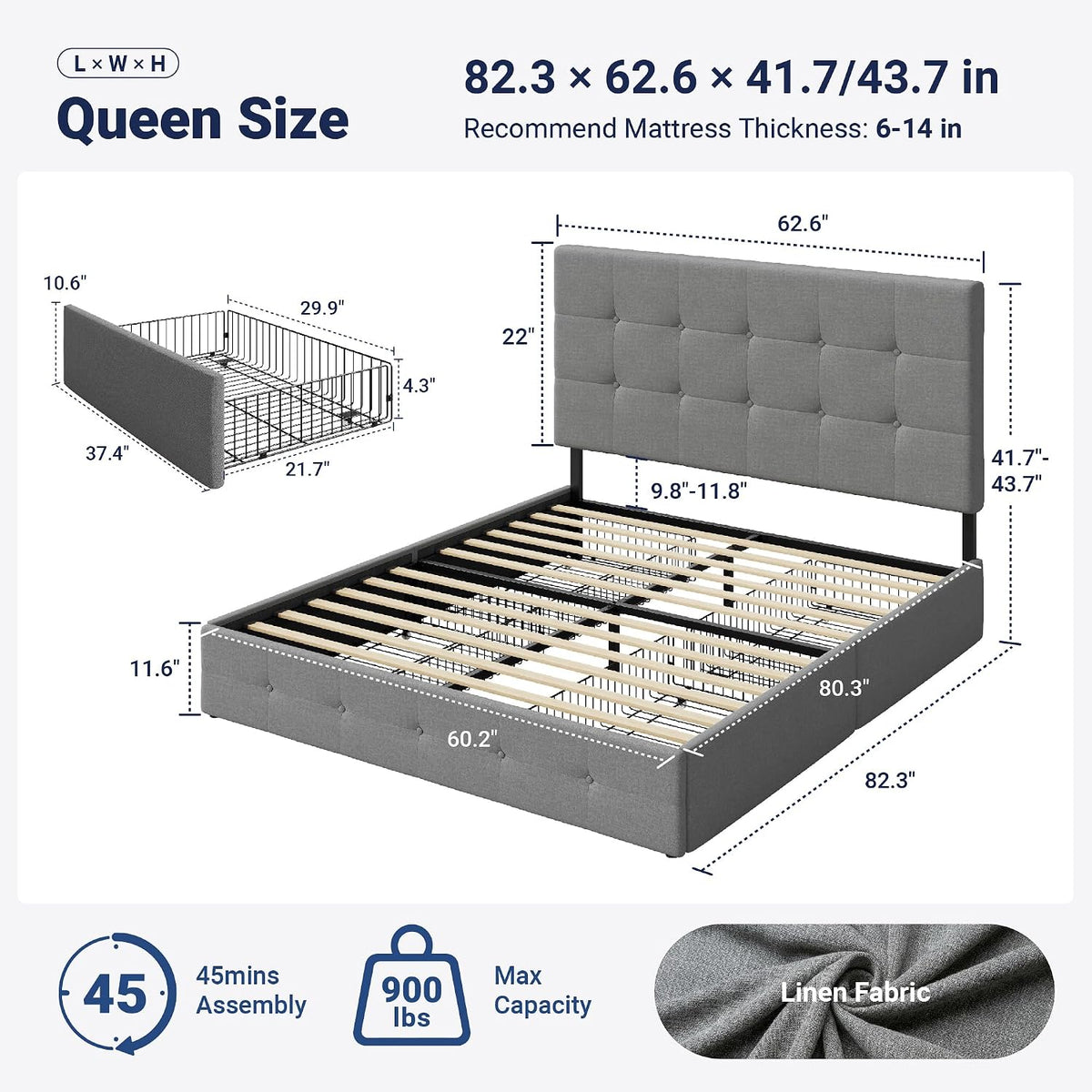 Allewie Queen Size Storage Bed Frame with 4 Underbed Drawers, Upholstered Platform Bed with Adjustable Headboard, Square Button Tufted, Easy Assembly, Noise-Free, No Box Spring Needed, Light Grey