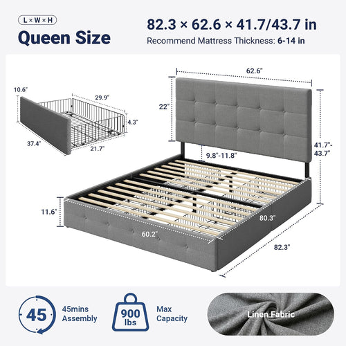 Allewie Queen Size Storage Bed Frame with 4 Underbed Drawers, Upholstered Platform Bed with Adjustable Headboard, Square Button Tufted, Easy Assembly, Noise-Free, No Box Spring Needed, Light Grey