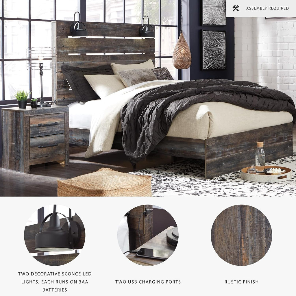 Signature Design by Ashley Drystan Rustic King Size Bed Frame with LED | Rustic brown and gray replicated wood grain with teal accents, Durable engineered wood, Adjustable base compatible