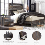 Signature Design by Ashley Drystan Rustic King Size Bed Frame with LED | Rustic brown and gray replicated wood grain with teal accents, Durable engineered wood, Adjustable base compatible