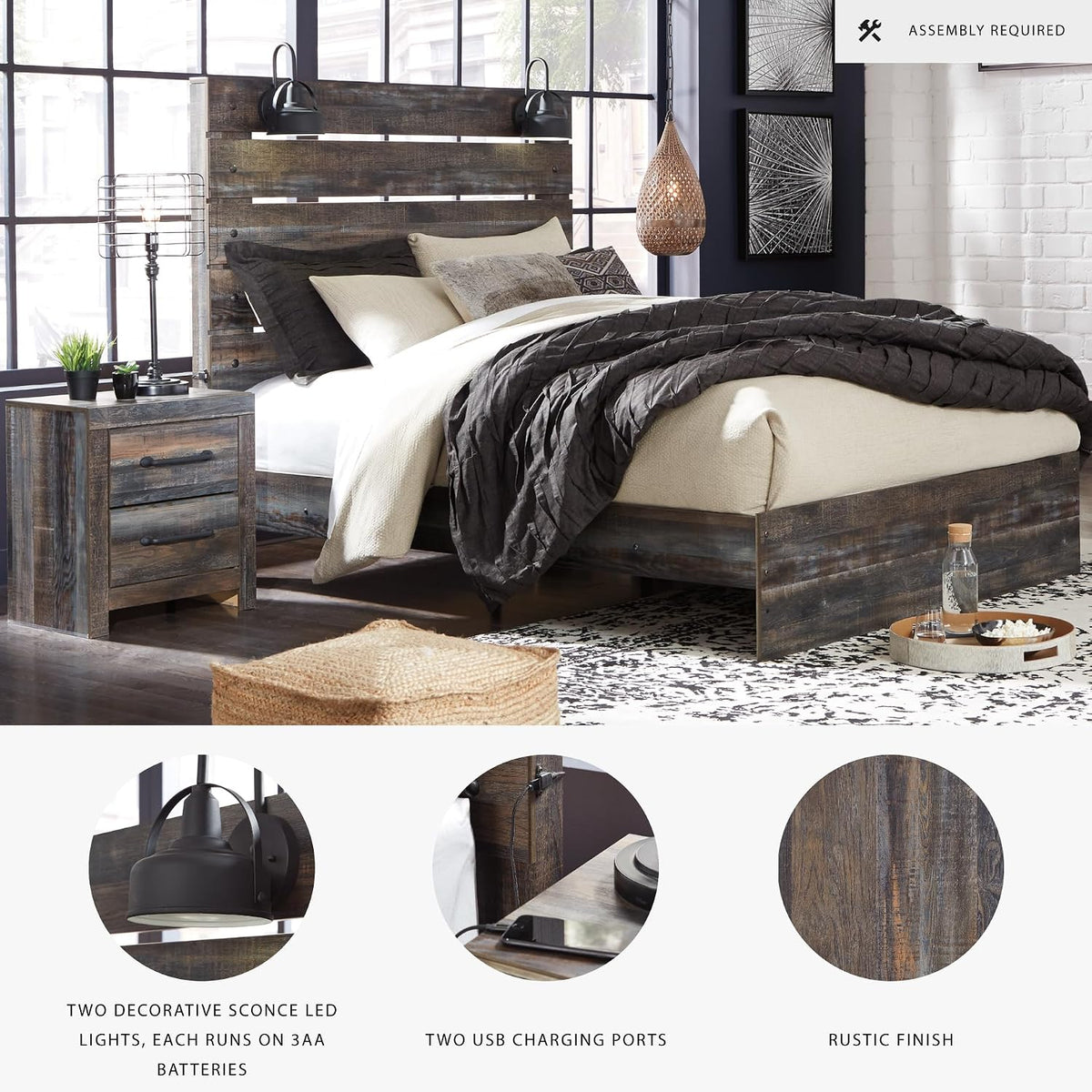 Signature Design by Ashley Drystan Rustic King Size Bed Frame with LED | Rustic brown and gray replicated wood grain with teal accents, Durable engineered wood, Adjustable base compatible