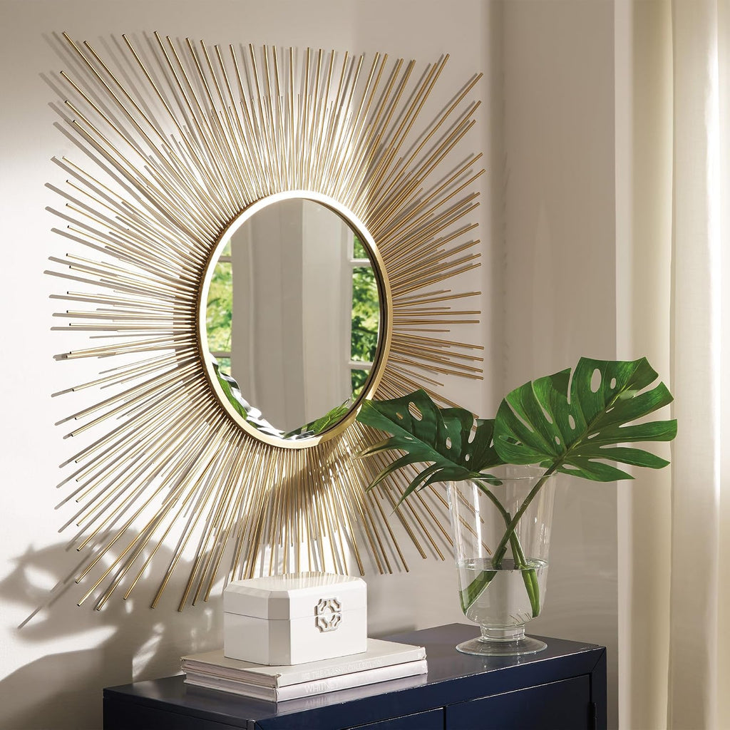 Signature Design by Ashley Accent Mirror, 42-in Gold Sunburst, Elspeth | Decorative sunburst metal wire frame, Goldtone finish, 18.25-inch inner glass, 21-pound weight, Keyhole bracket mount