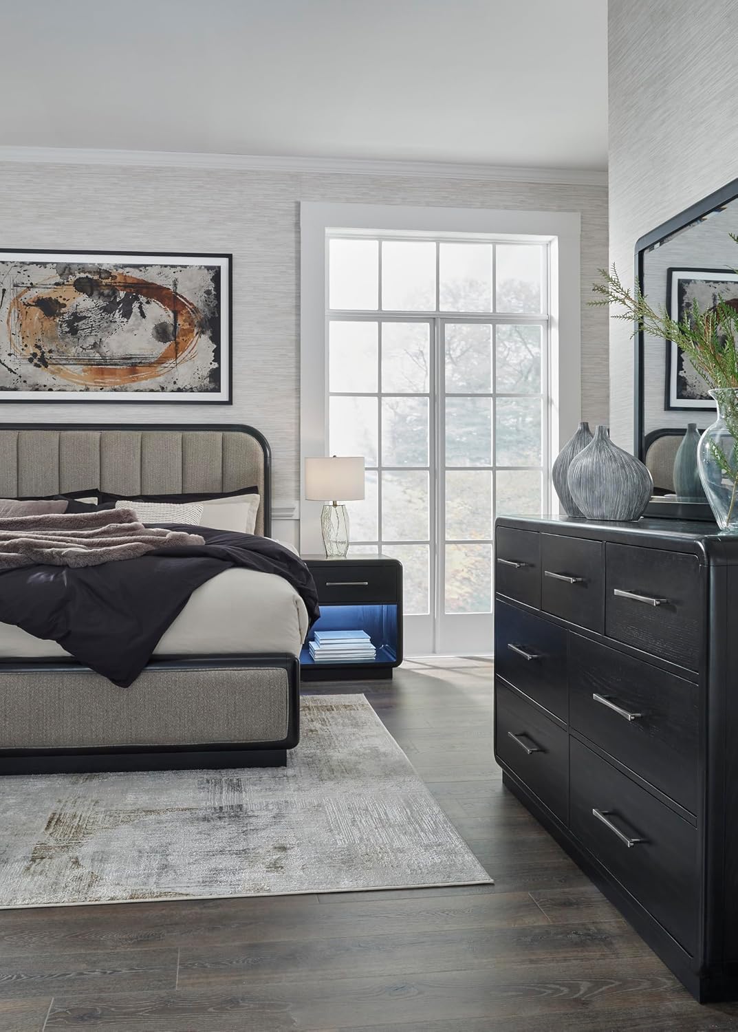 Signature Design by Ashley Rowanbeck Dresser, Black Wood 7 Drawer Chest for Bedroom, Hardwood Solids and Ash Veneer, Contemporary Storage for Master Suites, Black, 64" W