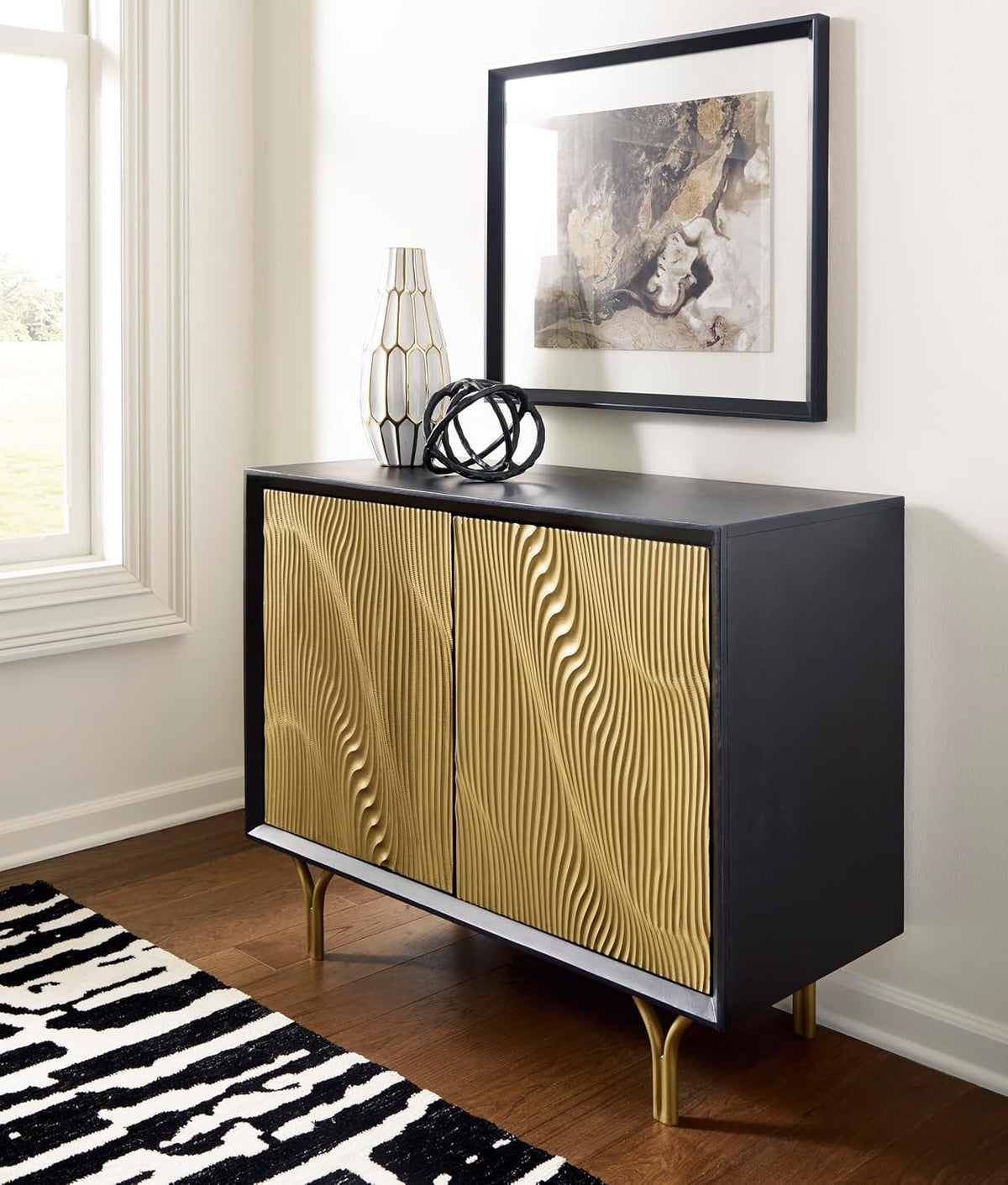 Signature Design by Ashley Tayner Contemporary Accent Cabinet with 2 Doors and 1 Shelf, Black & Metallic