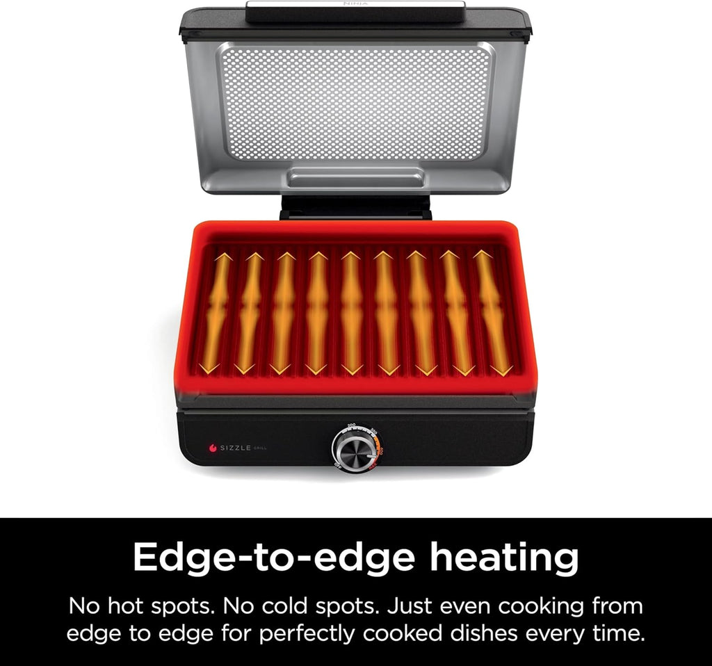 Ninja GR100 Sizzle Smokeless Indoor Grill with Nonstick Grill Plate, Dishwasher-Safe Removable Mesh Lid, 500F Max Heat, Even Edge-to-Edge Cooking, Black (Renewed)