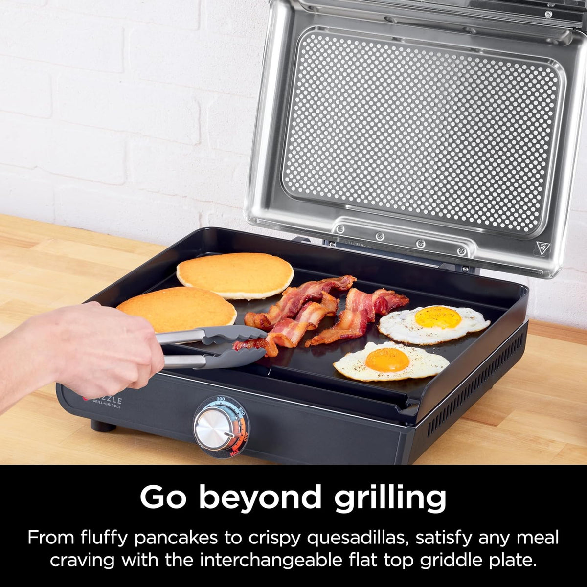 Ninja® Sizzle™ Indoor Grill & Griddle, 14'', 500°F, Grey/Silver, GR101 | Interchangeable nonstick grill & griddle plate, dishwasher-safe lid, 500°F edge-to-edge heat for perfect char-grilled marks.