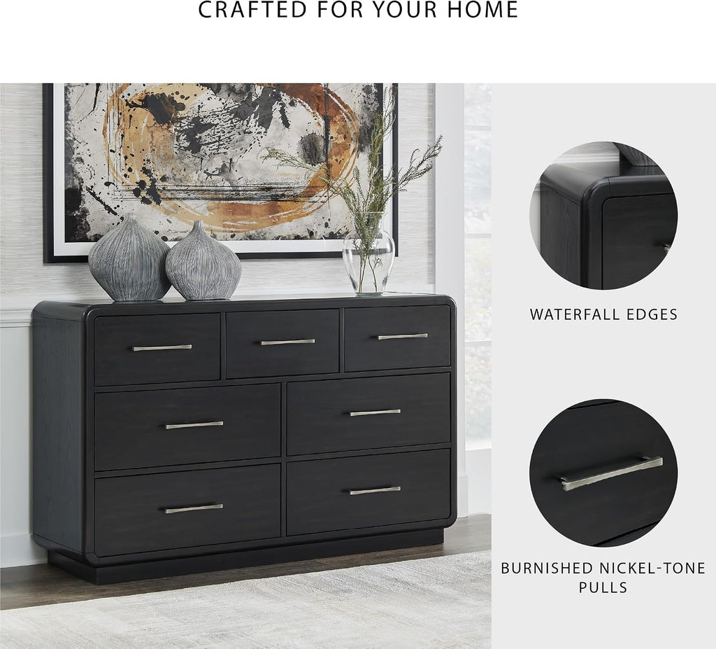Signature Design by Ashley Rowanbeck Dresser, Black Wood 7 Drawer Chest for Bedroom, Hardwood Solids and Ash Veneer, Contemporary Storage for Master Suites, Black, 64" W
