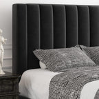 Allewie Queen Bed Frame/Velvet Upholstered Bed Frame with Vertical Channel Tufted Headboard/Strong Wooden Slats/Platform Bed Frame/Mattress Foundation/Box Spring Optional/Easy Assembly/Black