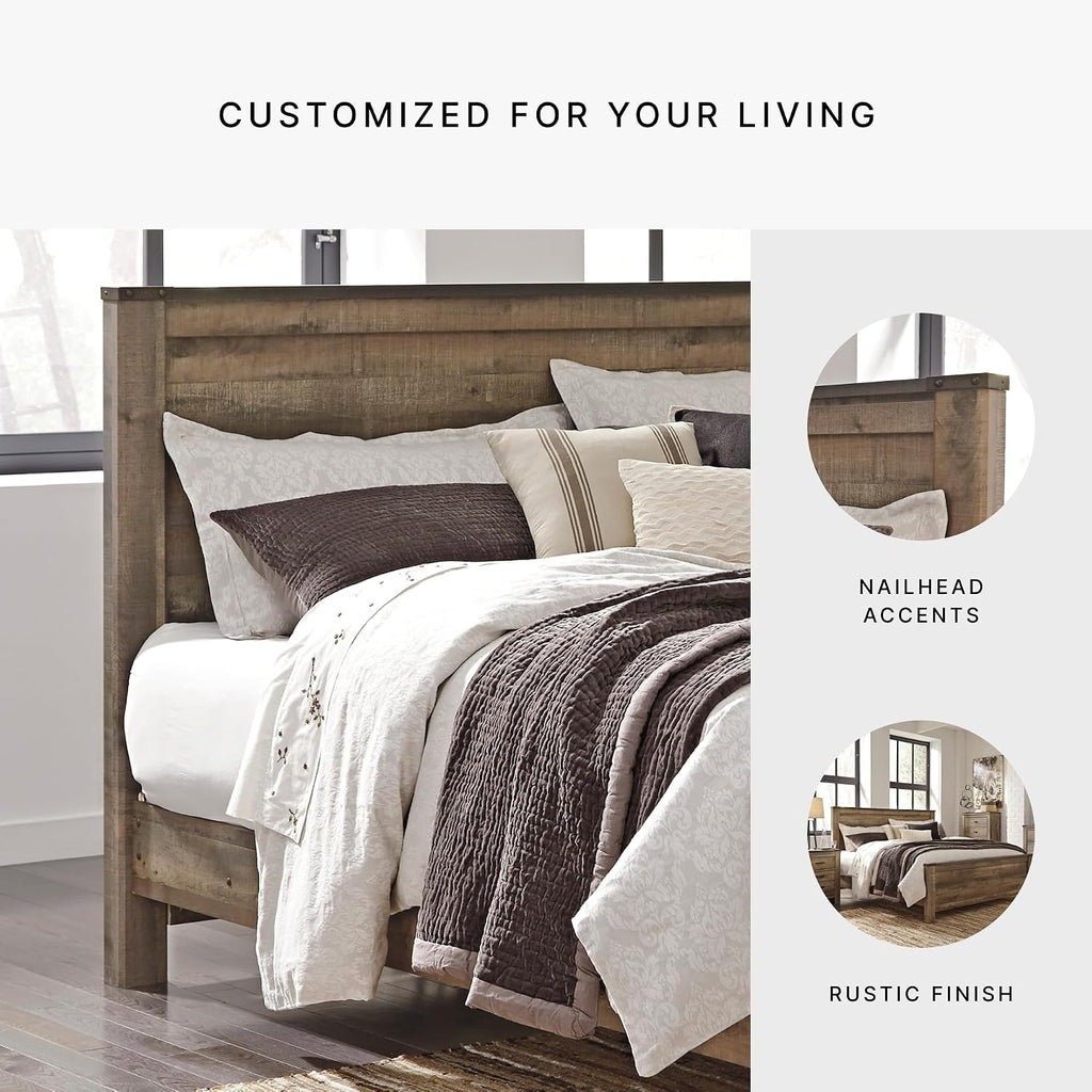 Signature Design by Ashley Trinell King Panel Headboard, Brown | Engineered wood panel, Rustic plank finish, Authentic touch texture, Nailhead accents, 5 minute assembly