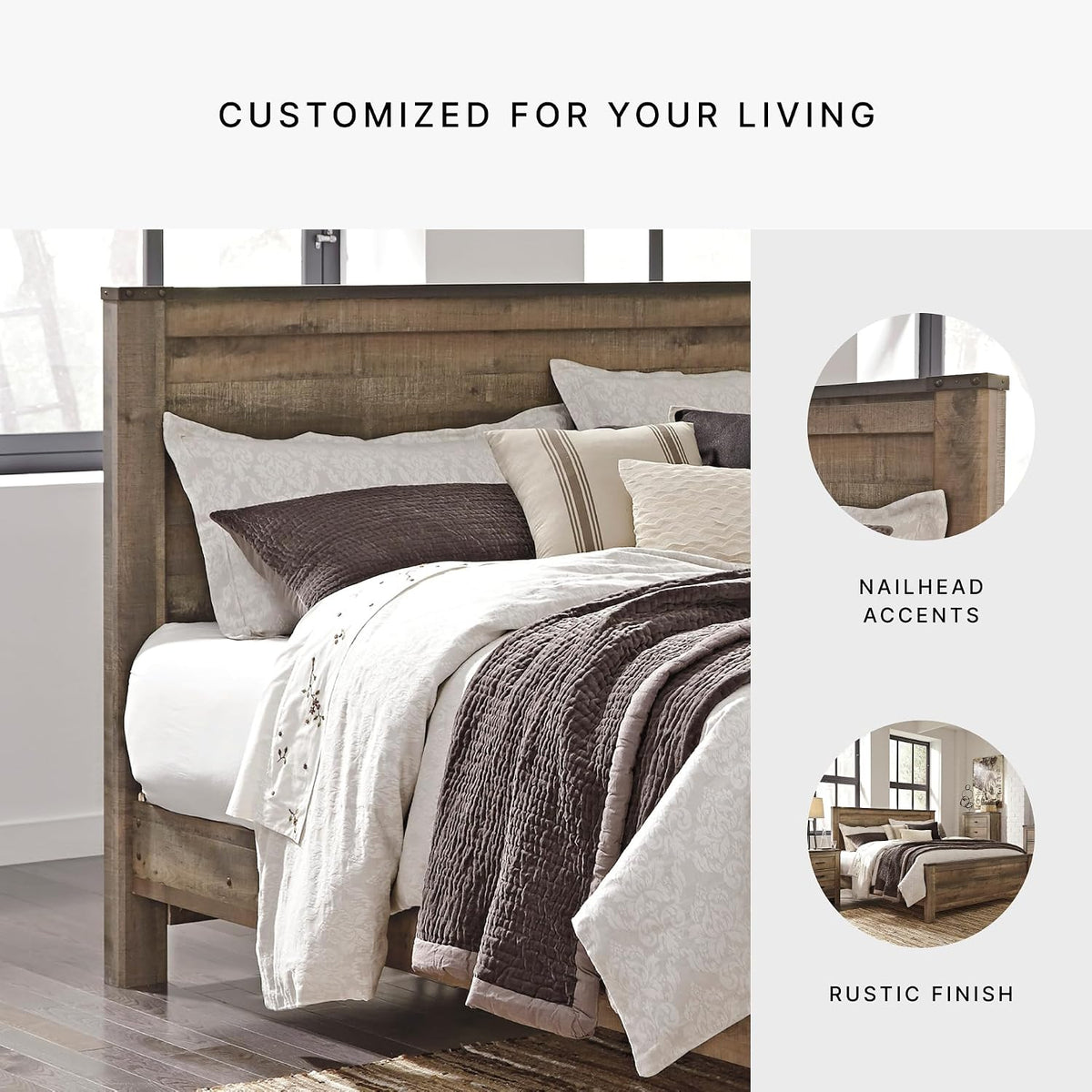 Signature Design by Ashley Trinell King Panel Headboard, Brown | Engineered wood panel, Rustic plank finish, Authentic touch texture, Nailhead accents, 5 minute assembly