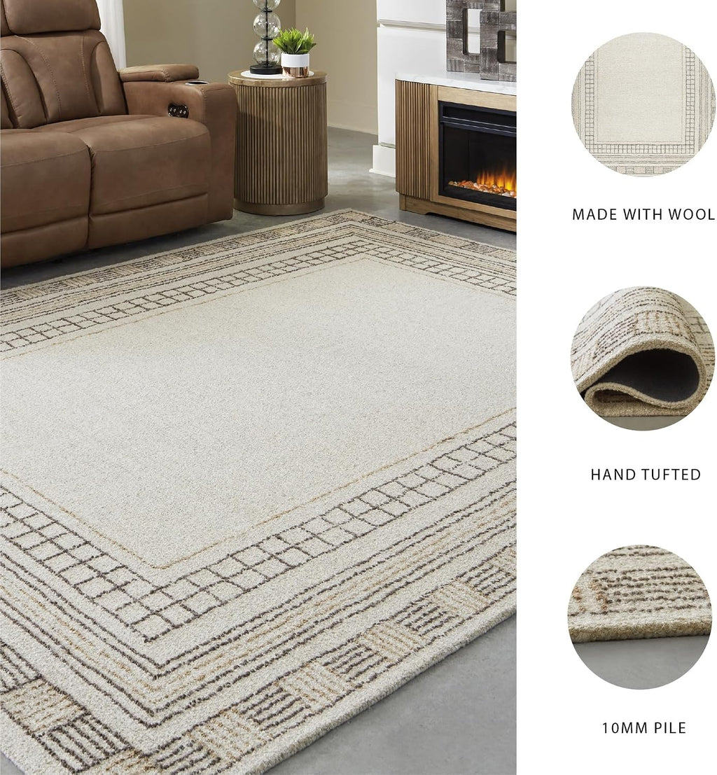 Signature Design by Ashley 8x10 Hand Tufted Wool and Jute Rug, Taupe | Premium 96% wool area rug, 4% jute blend with 10 mm pile, Bordered transitional style for living rooms, Idaman Series