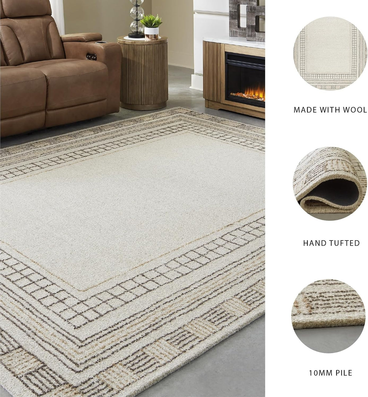 Signature Design by Ashley 8x10 Hand Tufted Wool and Jute Rug, Taupe | Premium 96% wool area rug, 4% jute blend with 10 mm pile, Bordered transitional style for living rooms, Idaman Series