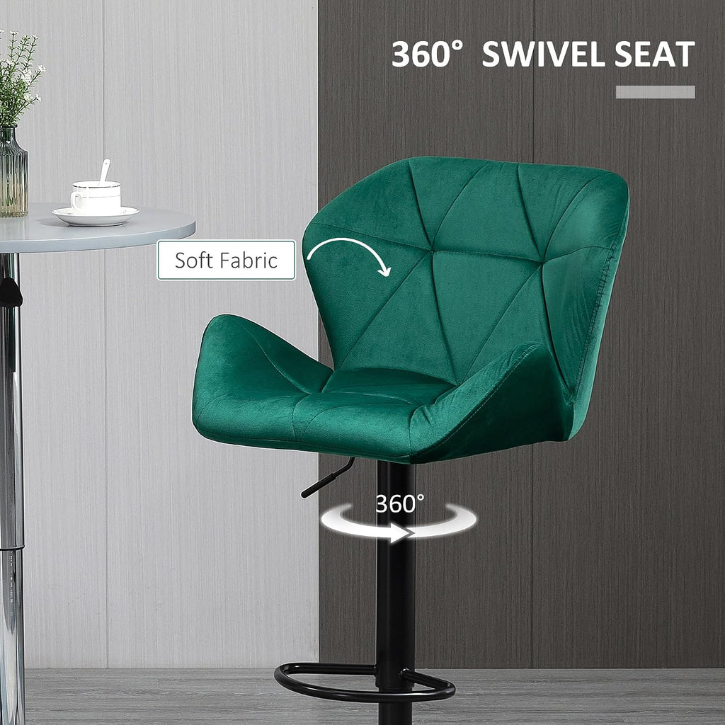 HOMCOM Bar Stools Luxurious Velvet-Touch Footrest Swivel Set Of 2 Green