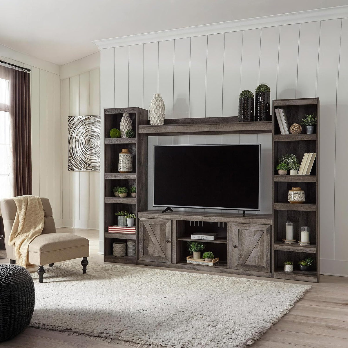 Signature Design by Ashley Wynnlow Tall Pier Bookcase, 72 Inch, Gray | Rustic gray engineered wood, 4 tiered shelves (3 adjustable) for tight spaces, Space-saving 17-inch wide pier design