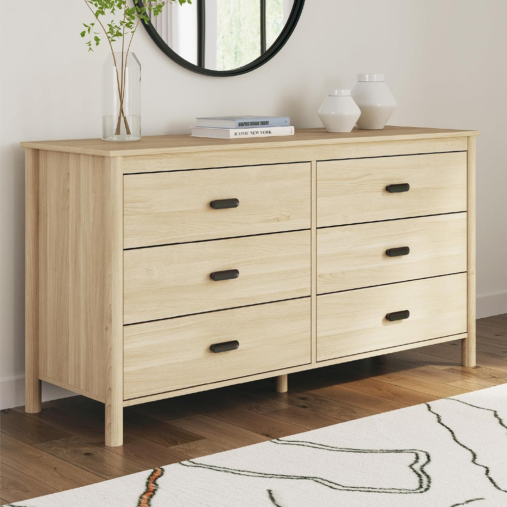 Signature Design by Ashley Cabinella 6 Drawer Bedroom Dresser, Natural Ash | 62-inch wide storage, Engineered wood (MDF/particleboard/plywood) and decorative laminate, Casual tan finish