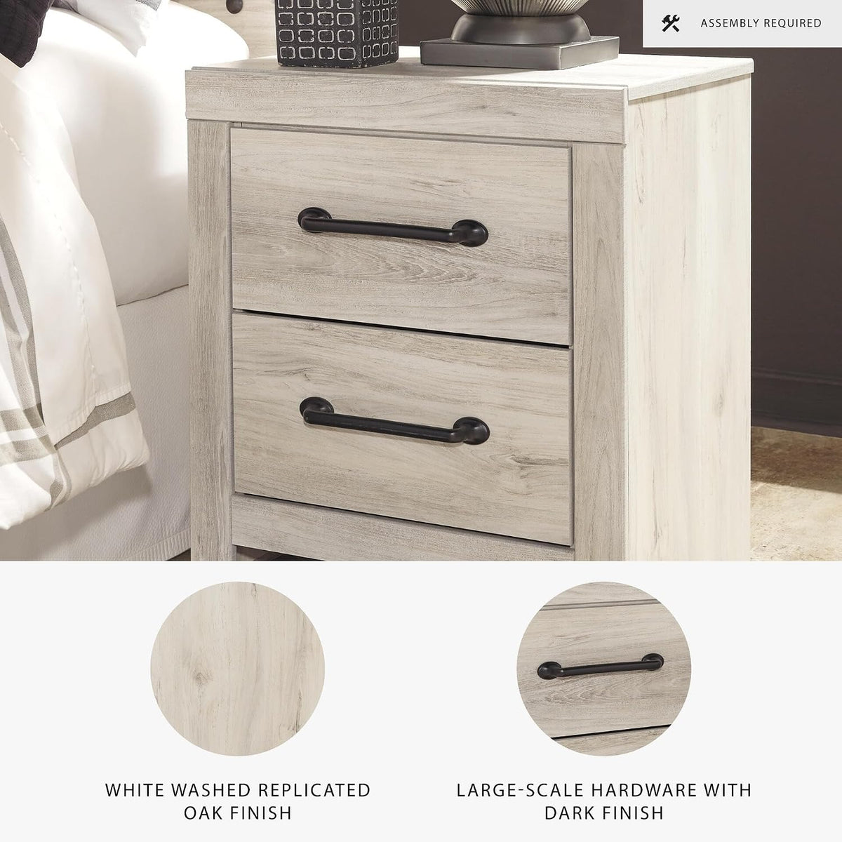 Signature Design by Ashley 2 Drawer White Nightstand with Charging Station | Engineered wood bedside table with dark elongated hardware, Faux linen drawer linings, 22"W x 16"D x 25"H, Cambeck Series
