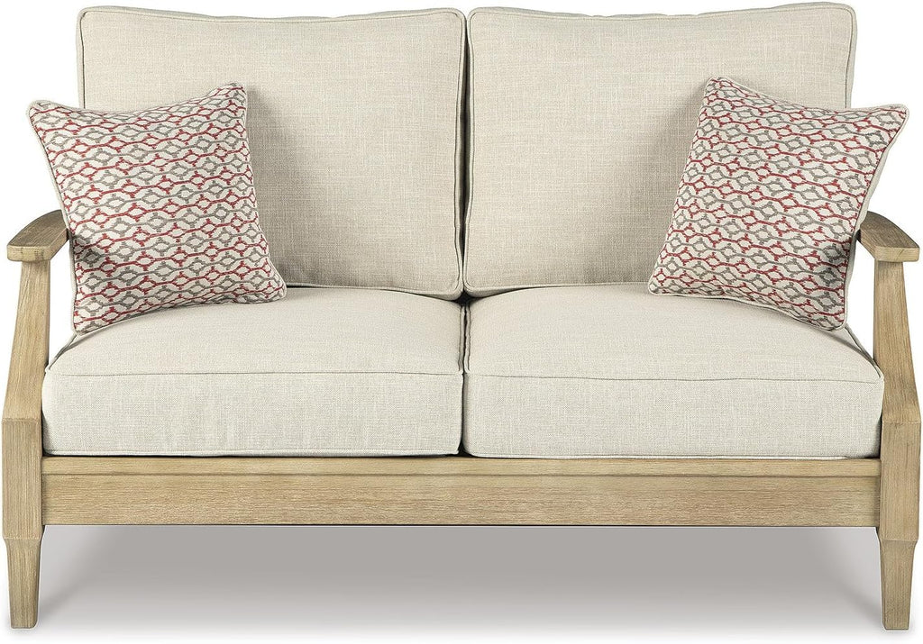 Signature Design by Ashley Clare View Outdoor Loveseat with Cushion, Beige | Eucalyptus wood frame, 5-step protective coating, Nuvella performance fabric, Compact balcony furniture, 2 throw pillows
