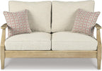Signature Design by Ashley Clare View Outdoor Loveseat with Cushion, Beige | Eucalyptus wood frame, 5-step protective coating, Nuvella performance fabric, Compact balcony furniture, 2 throw pillows