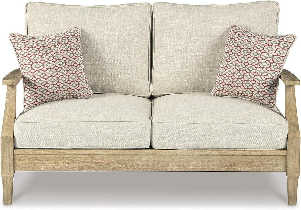 Signature Design by Ashley Clare View Outdoor Loveseat with Cushion, Beige | Eucalyptus wood frame, 5-step protective coating, Nuvella performance fabric, Compact balcony furniture, 2 throw pillows