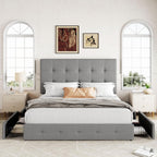 Allewie Queen Size Storage Bed Frame with 4 Underbed Drawers, Upholstered Platform Bed with Adjustable Headboard, Square Button Tufted, Easy Assembly, Noise-Free, No Box Spring Needed, Light Grey