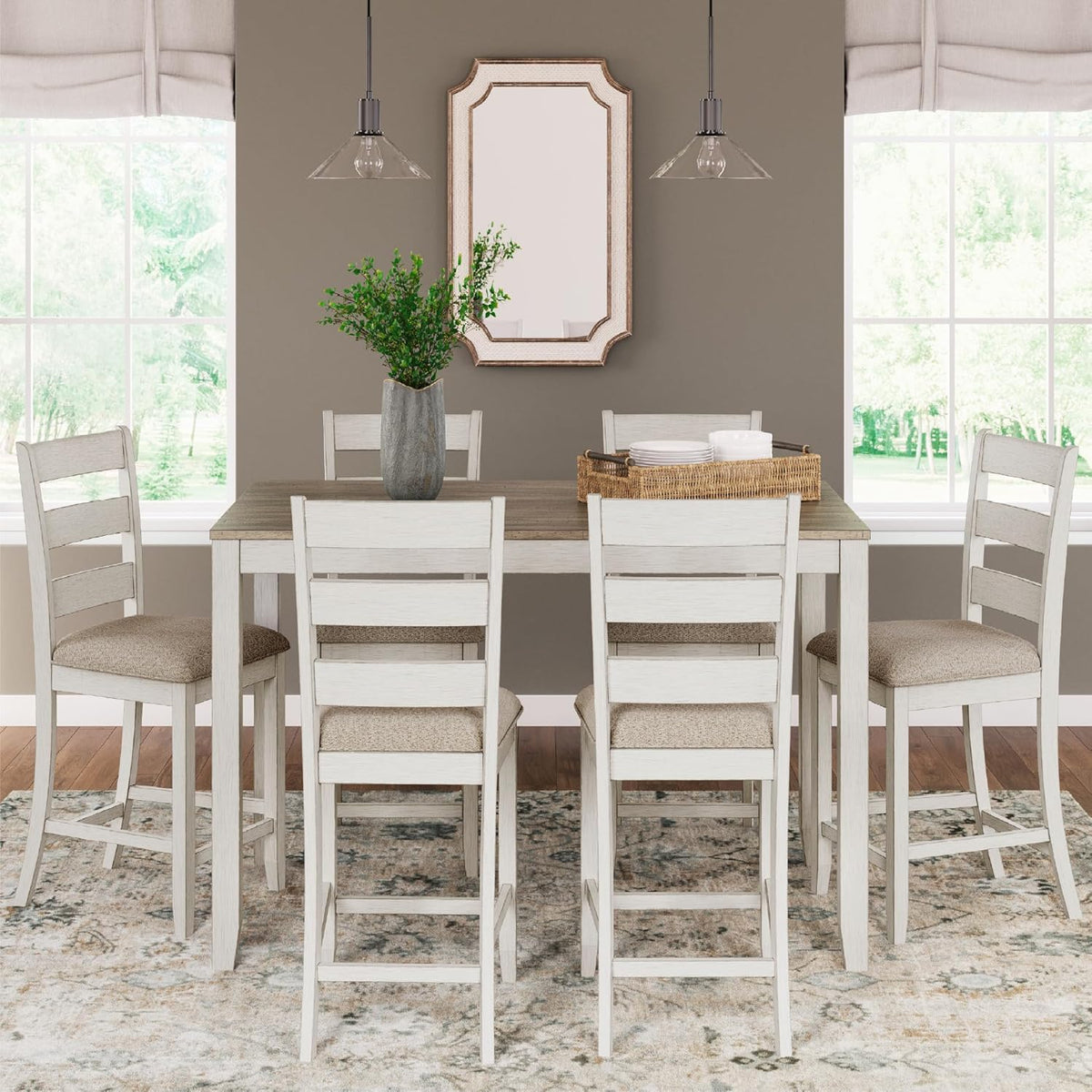 Signature Design by Ashley Skempton Counter Height Dining Table Set for 6 | 36 in counter height dining table, 24.75 in seat height, Solid wood stool frames, Two-tone wood design, Cushioned seats