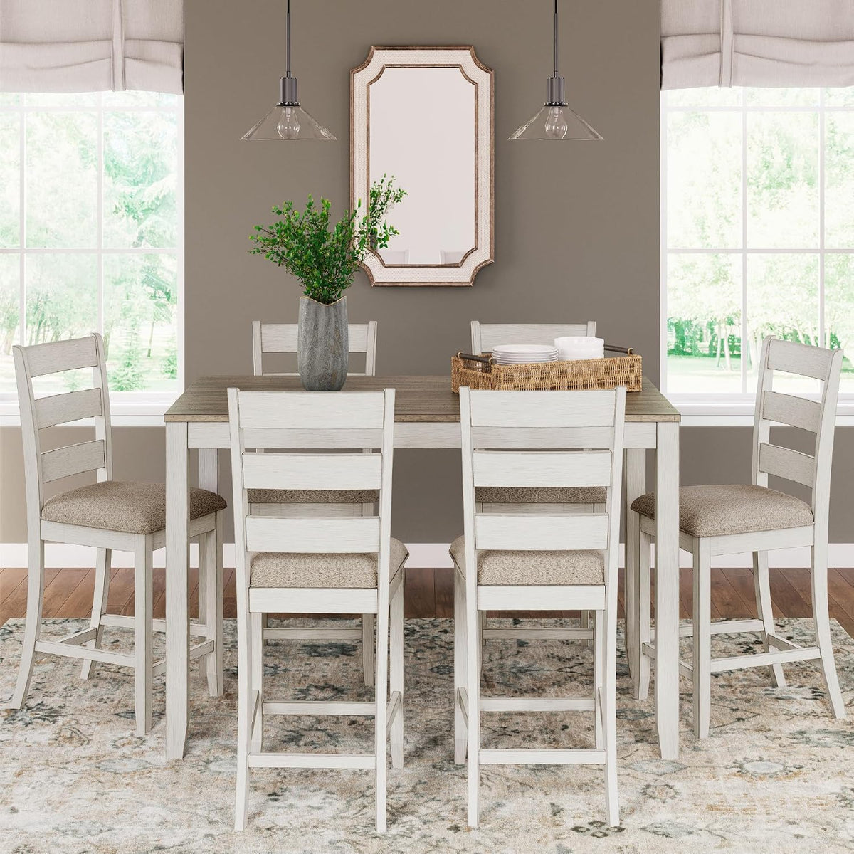 Signature Design by Ashley Skempton Counter Height Dining Table Set for 6 | 36 in counter height dining table, 24.75 in seat height, Solid wood stool frames, Two-tone wood design, Cushioned seats