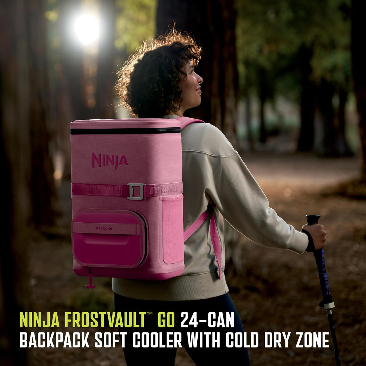 Ninja FrostVault™ Go Soft Backpack Cooler, Dry Storage, Petal Pink | Ninja FrostVault Go soft cooler, stays cool for hours with a leakproof, easy-access lid, and carries like a backpack