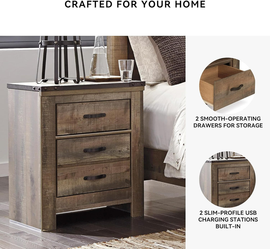 Signature Design by Ashley Trinell 2 Drawer Nightstand, Brown | Engineered wood, Integrated dual USB ports, Rustic plank finish, 25W x 17D x 30H