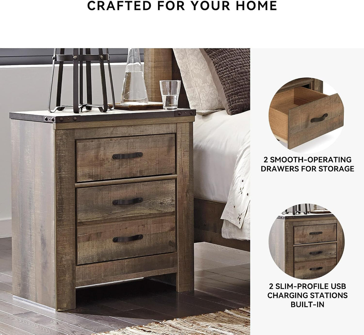 Signature Design by Ashley Trinell 2 Drawer Nightstand, Brown | Engineered wood, Integrated dual USB ports, Rustic plank finish, 25W x 17D x 30H