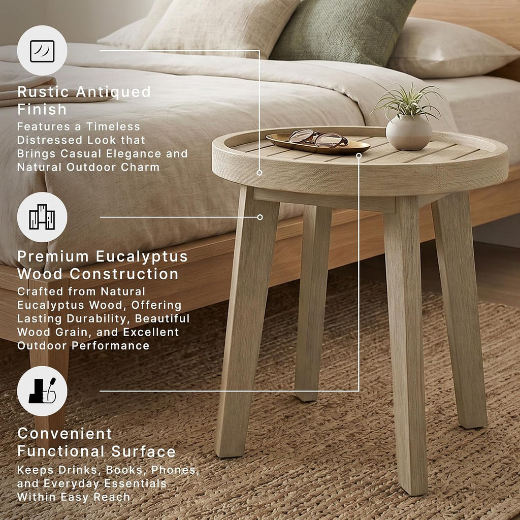 Signature Design by Ashley Coastal Reef Round Outdoor End Table, Beige | Weather-resistant eucalyptus wood, Slatted tabletop for quick water drainage, 19-inch round accent table