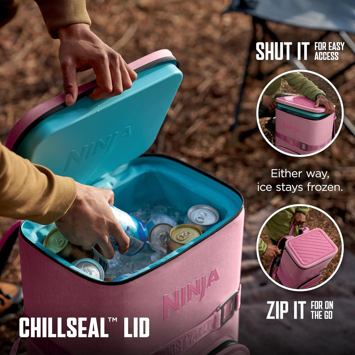 Ninja FrostVault™ Go Soft Backpack Cooler, Dry Storage, Petal Pink | Ninja FrostVault Go soft cooler, stays cool for hours with a leakproof, easy-access lid, and carries like a backpack