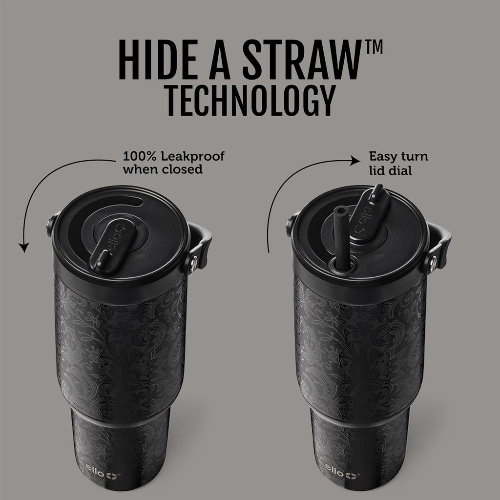 Ello Oasis Go+ 32oz Tumbler with Top Handle and Retracting Straw | Reusable Insulated Stainless Steel Cup, 100% Leakproof Water Bottle, 24 Hours Cold, Cup Holder Friendly For Travel | Black Lace
