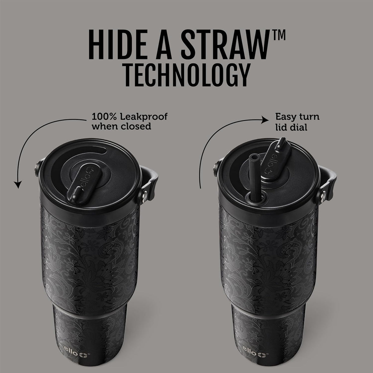 Ello Oasis Go+ 32oz Tumbler with Top Handle and Retracting Straw | Reusable Insulated Stainless Steel Cup, 100% Leakproof Water Bottle, 24 Hours Cold, Cup Holder Friendly For Travel | Black Lace
