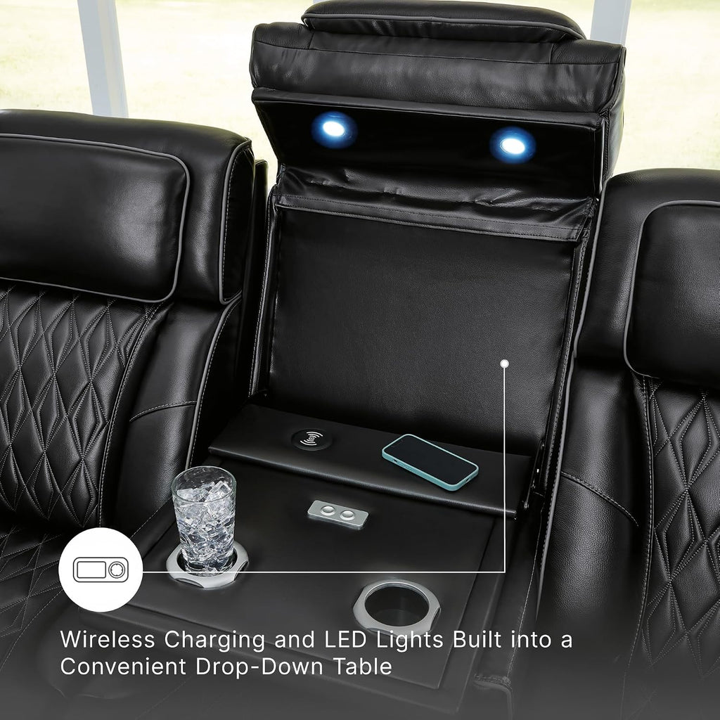 Signature Design by Ashley 3-Seater Leather Power Reclining Sofa, Black | 3-seater power headrest sofa with zero-gravity massage and heat, Drop-down table and arm storage, Boyington Series
